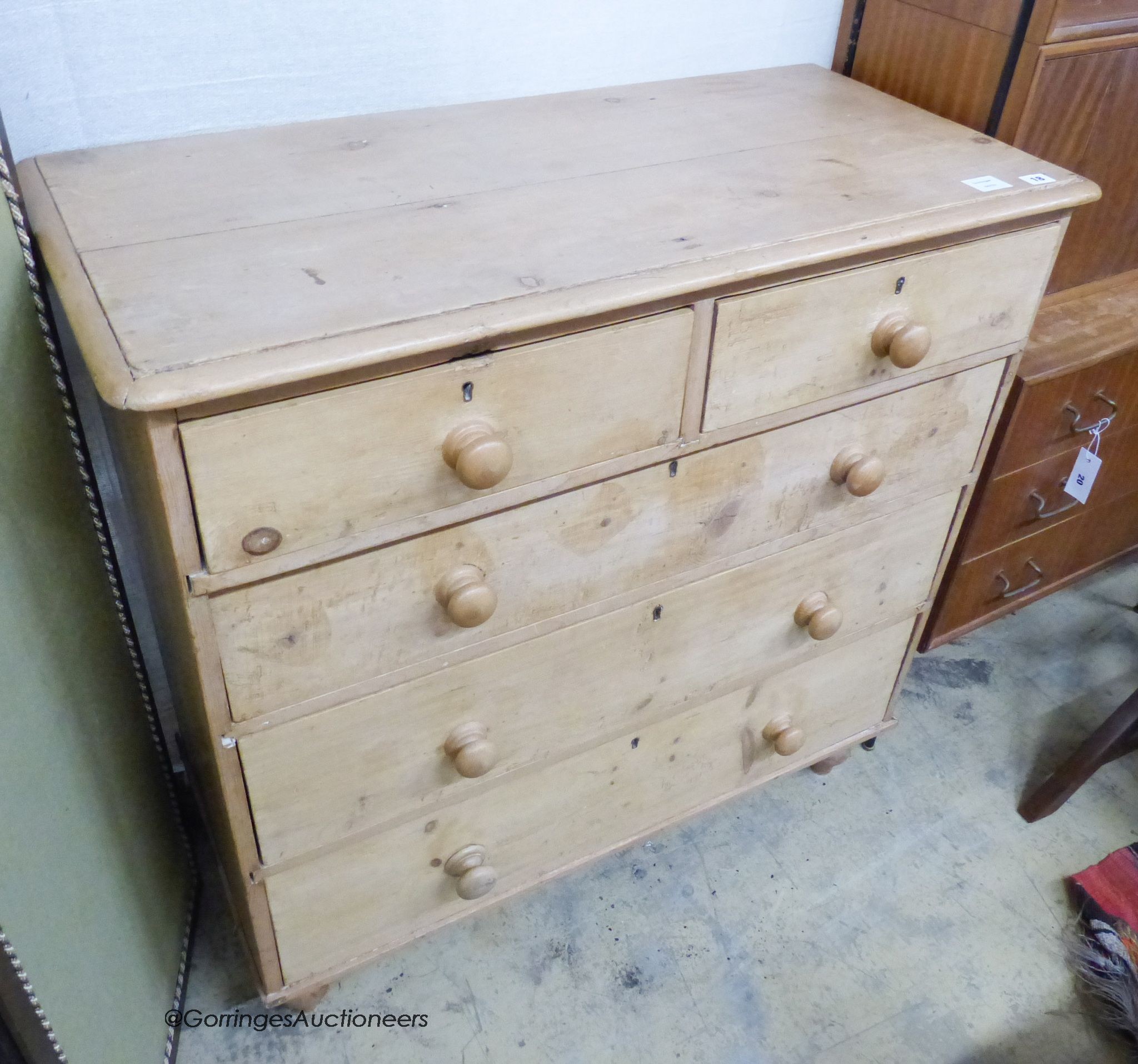 A Victorian pine chest of two short and three long drawers, width 96cm, depth 45cm, height 94cm